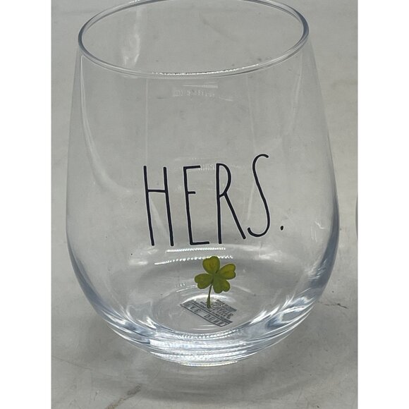 rae dunn stemless wine glasses set of 2 his hers 4 leaf clover clear Irish 5" ta - Picture 4 of 5